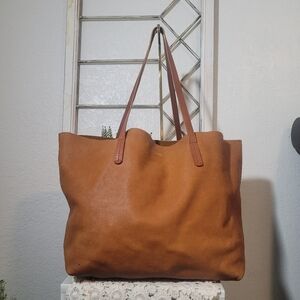 Mark and Graham Tan Camel Leather Tote Everyday Large Bag . Front Initials HJK.